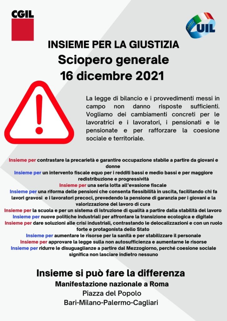 Insieme per la giustizia e per riformare il Paese – CGIL e UIL proclamano 8 ore di sciopero generale per giovedì 16 dicembre con manifestazione nazionale a Roma